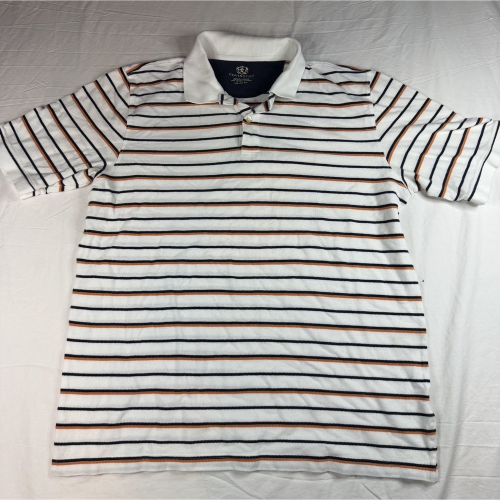 Covington Men's Large Polo Shirt Striped White Orange Black 100% Cotton Pique L